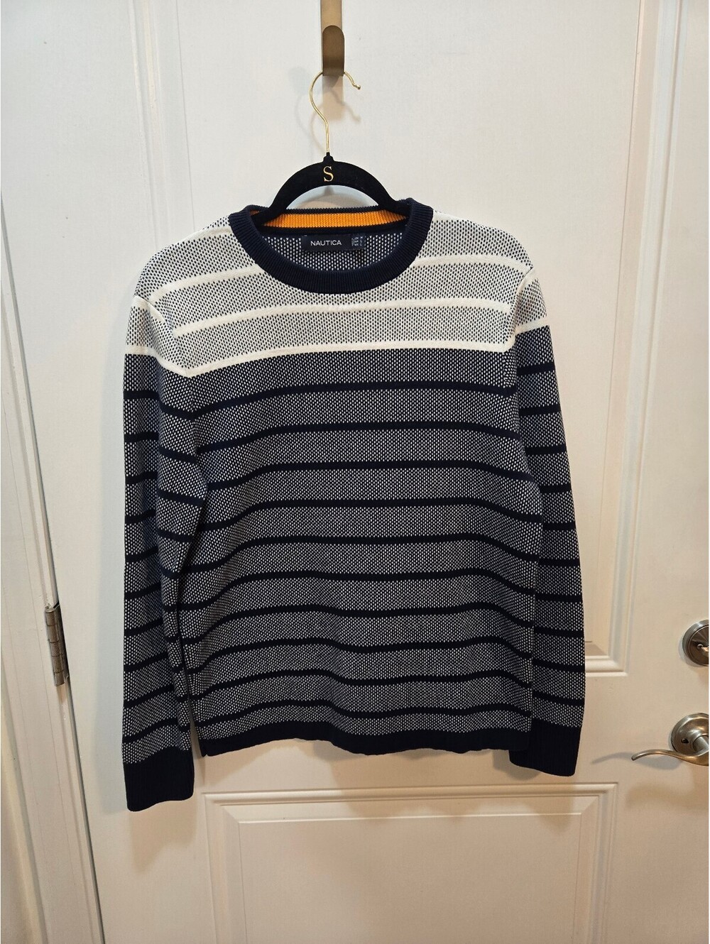 Nautica Men's Size M 100% Cotton Textured Knit Striped Crewneck SweaterNavyWhite